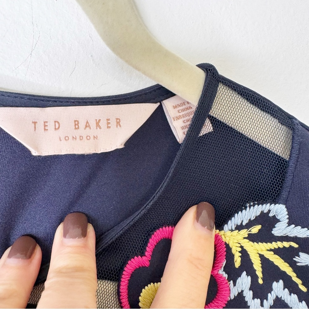 Ted Baker Floral Embroidered Navy Blue Fit Flare Dress Size 6 - Picture 5 of 6